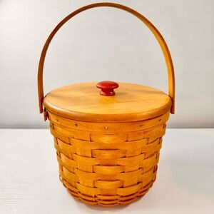 Longaberger Round Basket with Handle and Wooden Lid, Red Knob